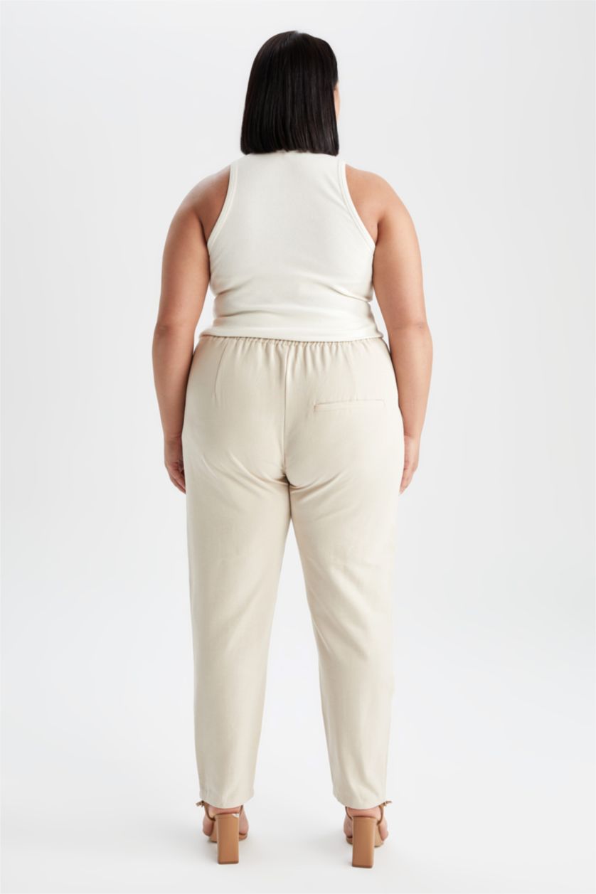 FEMME Beige Pantalon droit de grande taille avec poche à taille élastique et jambe droite