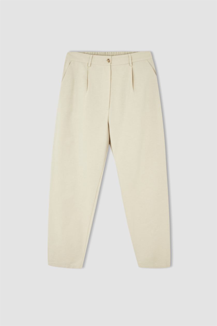 FEMME Beige Pantalon droit de grande taille avec poche à taille élastique et jambe droite