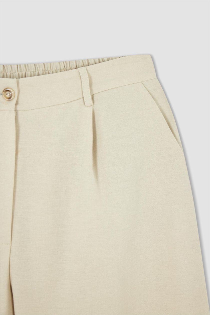 FEMME Beige Pantalon droit de grande taille avec poche à taille élastique et jambe droite