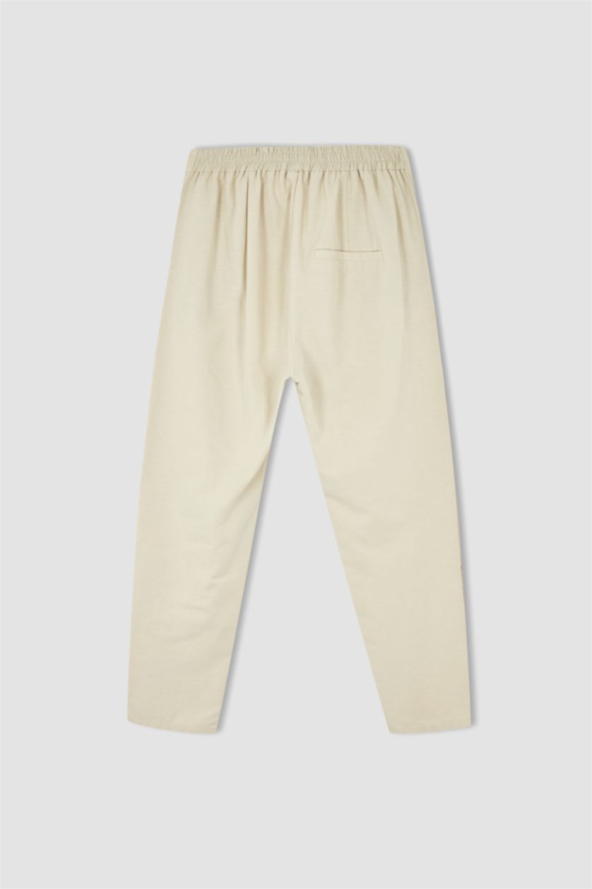 FEMME Beige Pantalon droit de grande taille avec poche à taille élastique et jambe droite