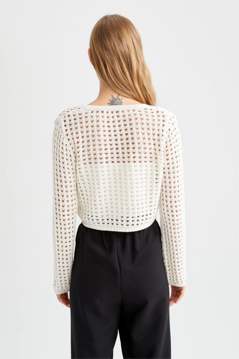 FEMME Écru Cardigan coupe classique en dentelle crochetée à col en V