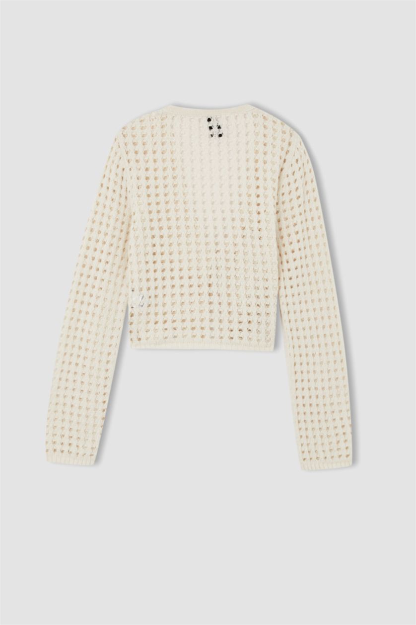 FEMME Écru Cardigan coupe classique en dentelle crochetée à col en V