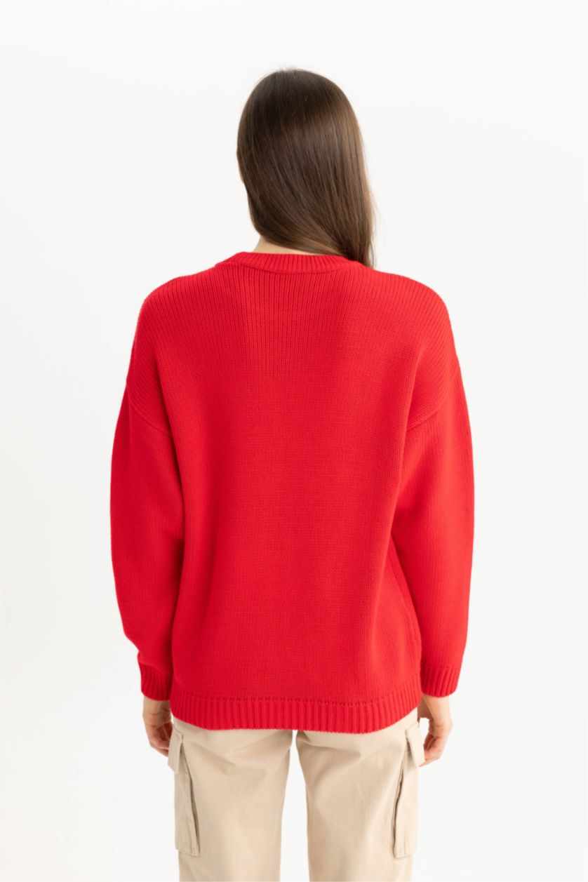 حريمي أحمر بلوفر تريكو قصة عادية برقبة مستديرة أحمر أكريليك