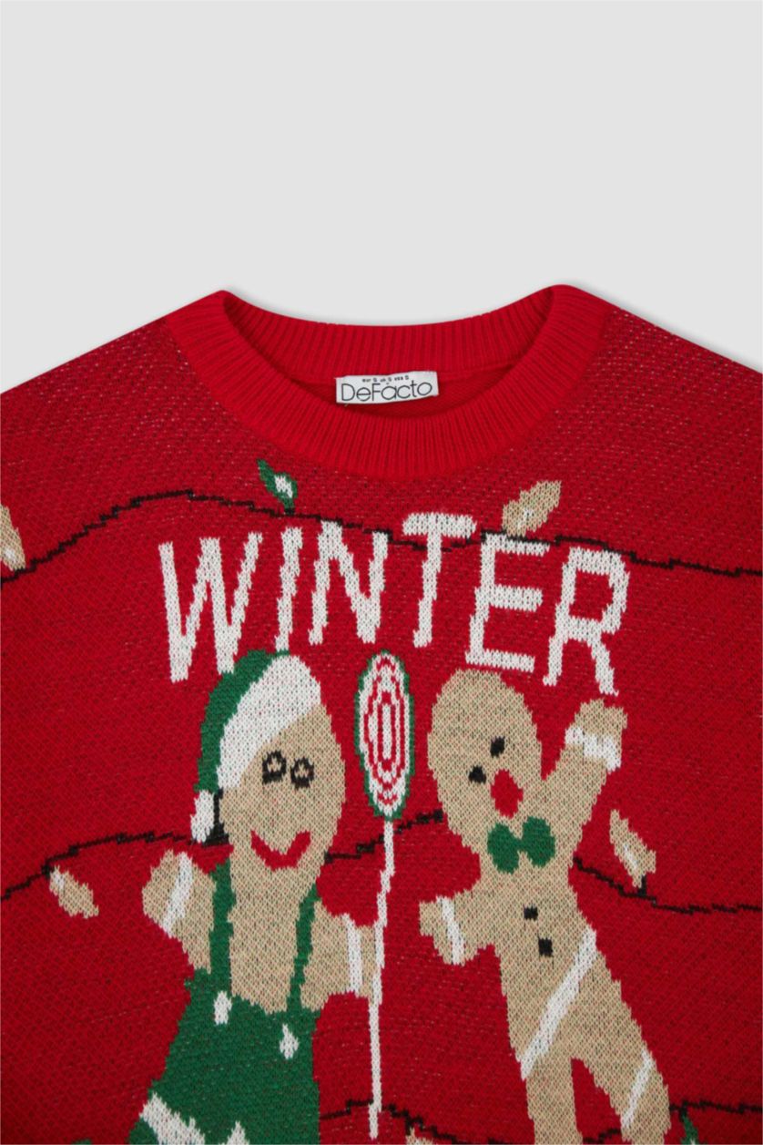 Женская Красный Свитер новогодний с круглым вырезом