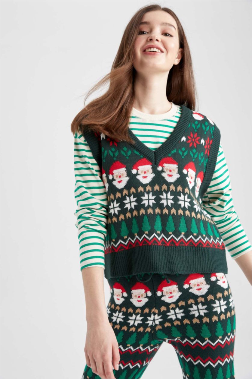 Женщины Зеленый Жилет новогодний с V образным вырезом