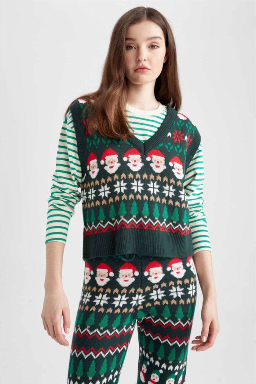 Женщины Зеленый Жилет новогодний с V образным вырезом