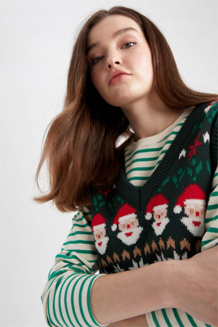 Женщины Зеленый Жилет новогодний с V образным вырезом