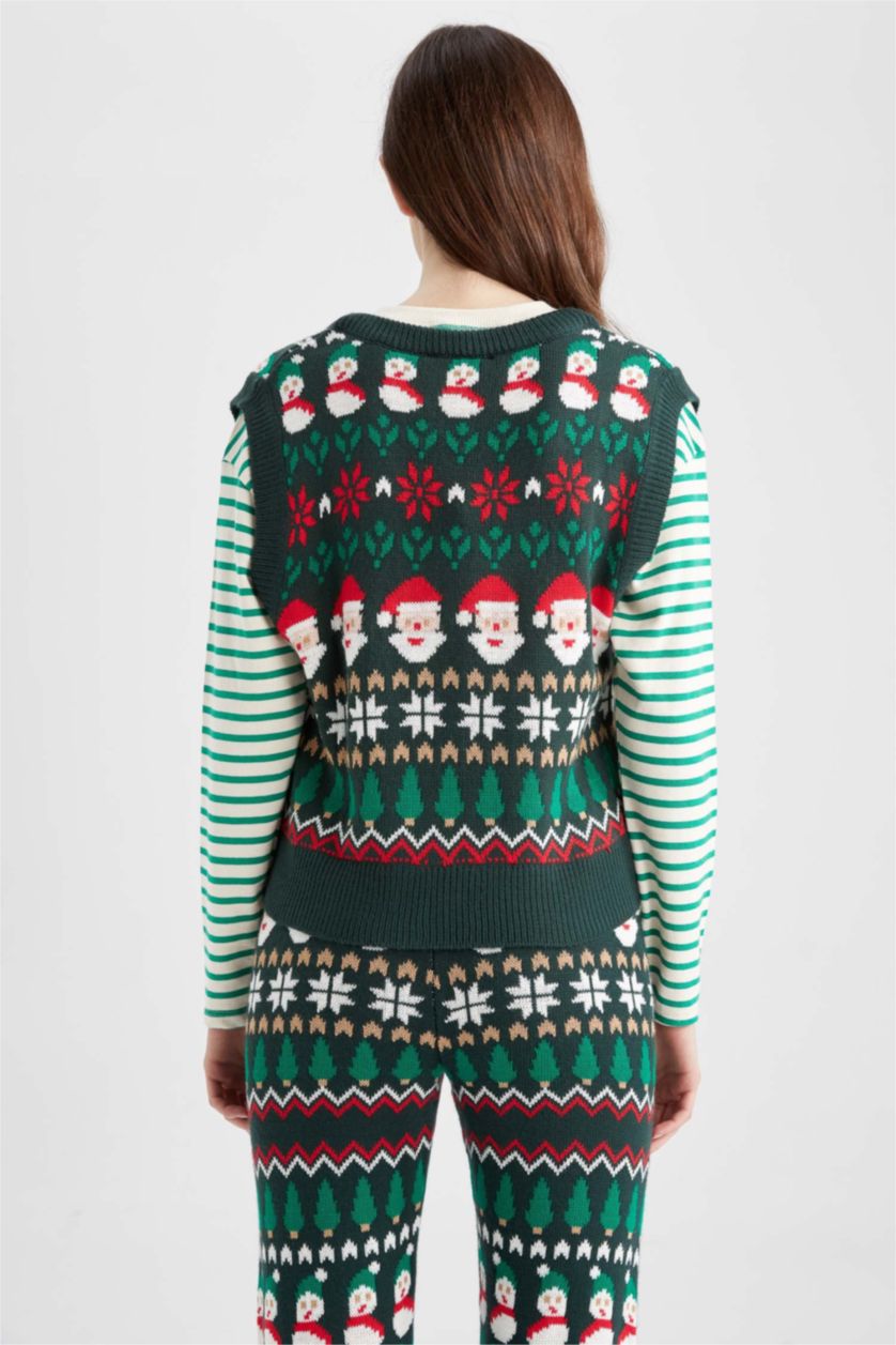 Женщины Зеленый Жилет новогодний с V образным вырезом