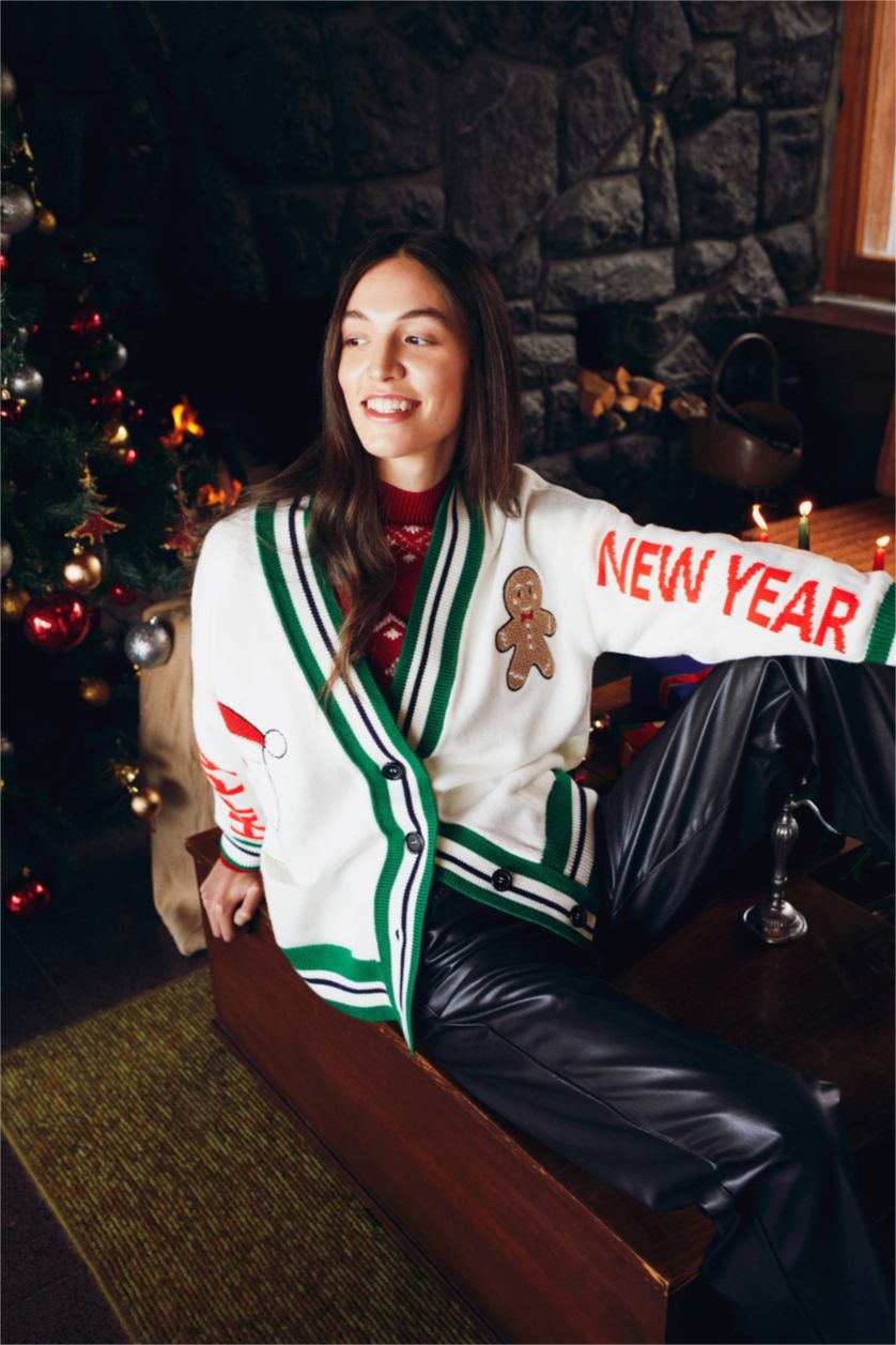 WOMAN Ecru Oversize Fit V-Neck Cardigan