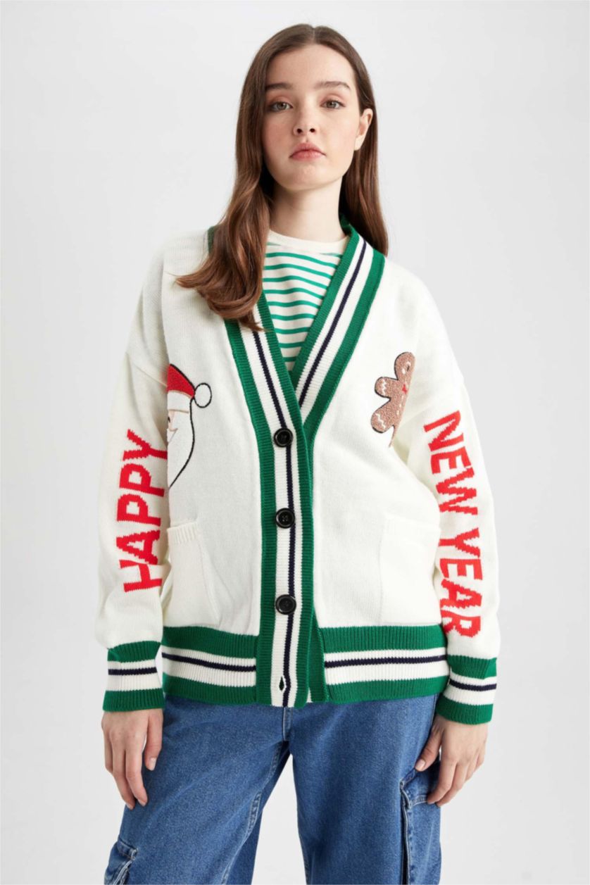 WOMAN Ecru Oversize Fit V-Neck Cardigan