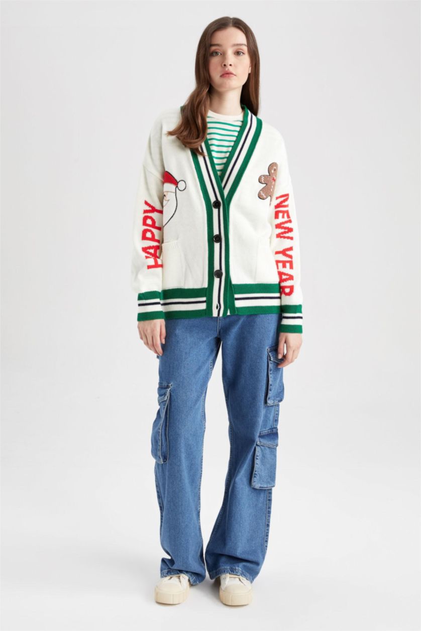 WOMAN Ecru Oversize Fit V-Neck Cardigan