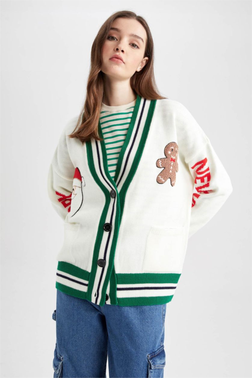 WOMAN Ecru Oversize Fit V-Neck Cardigan