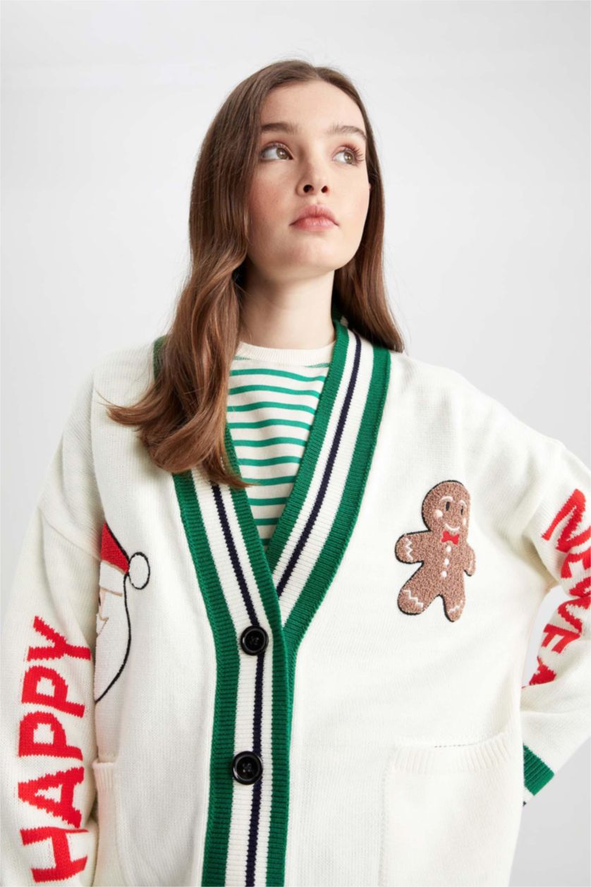 WOMAN Ecru Oversize Fit V-Neck Cardigan