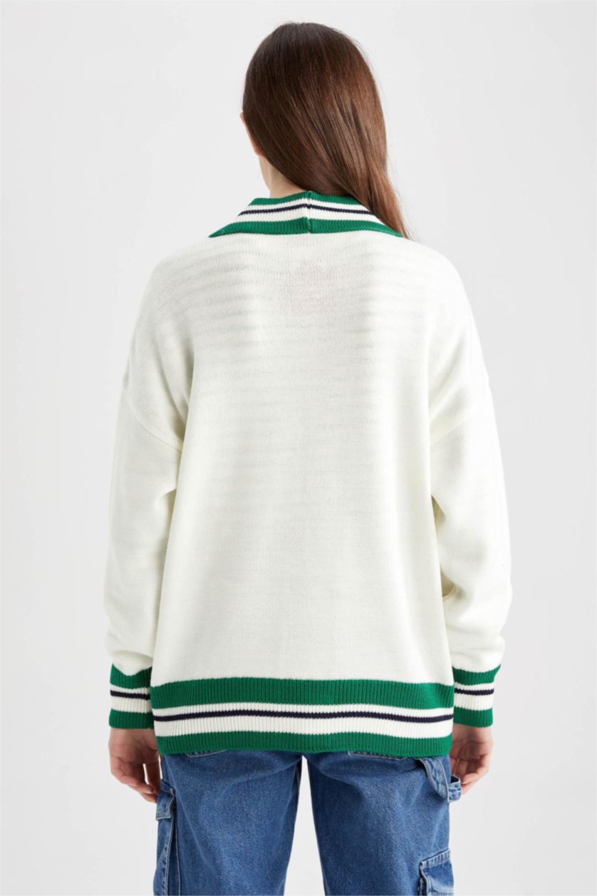 WOMAN Ecru Oversize Fit V-Neck Cardigan