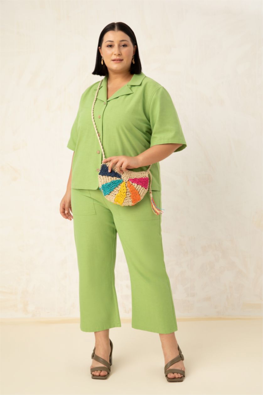 FEMME Vert Pantalon capri avec poches à taille élastique aspect lin grande taille coupe régulière