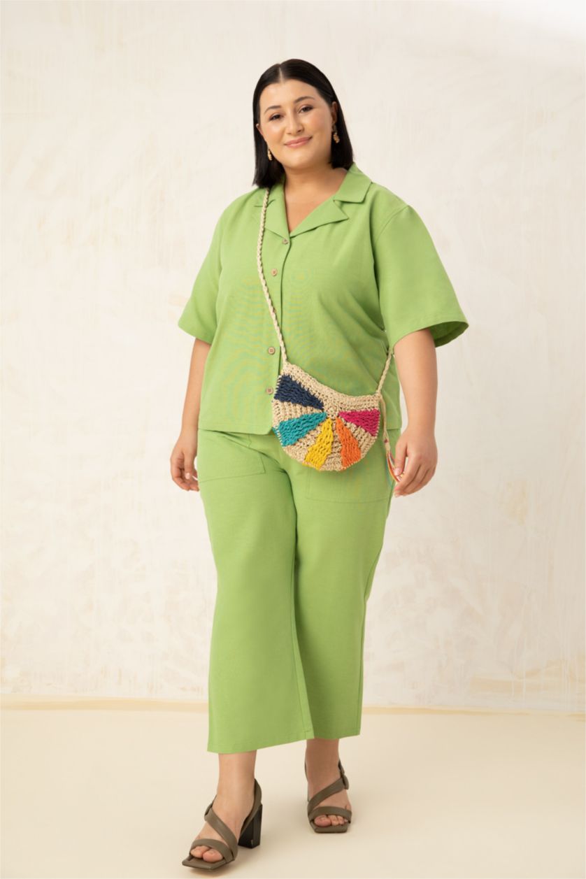 FEMME Vert Pantalon capri avec poches à taille élastique aspect lin grande taille coupe régulière