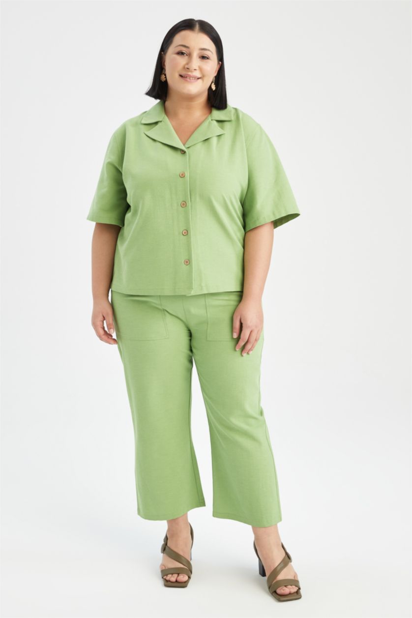 FEMME Vert Pantalon capri avec poches à taille élastique aspect lin grande taille coupe régulière