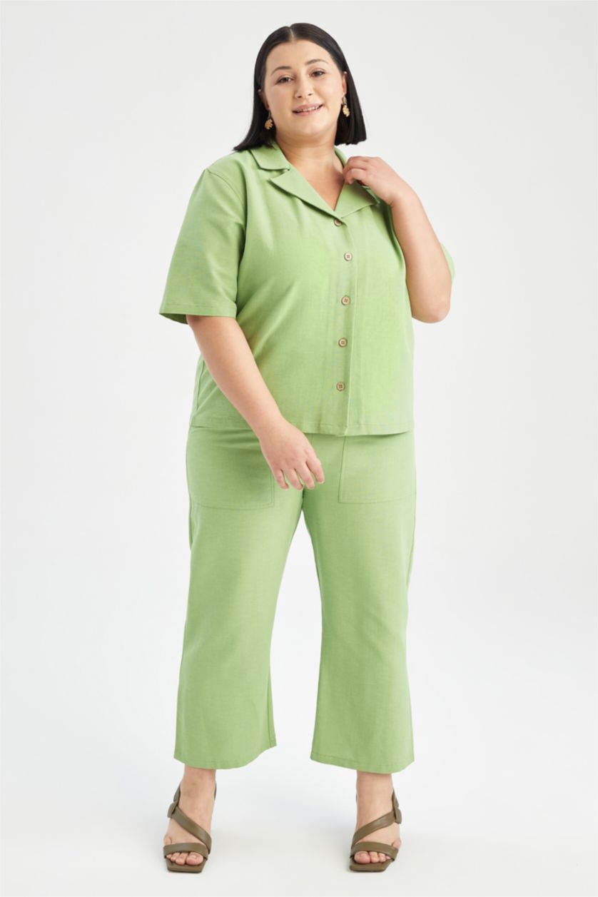 FEMME Vert Pantalon capri avec poches à taille élastique aspect lin grande taille coupe régulière