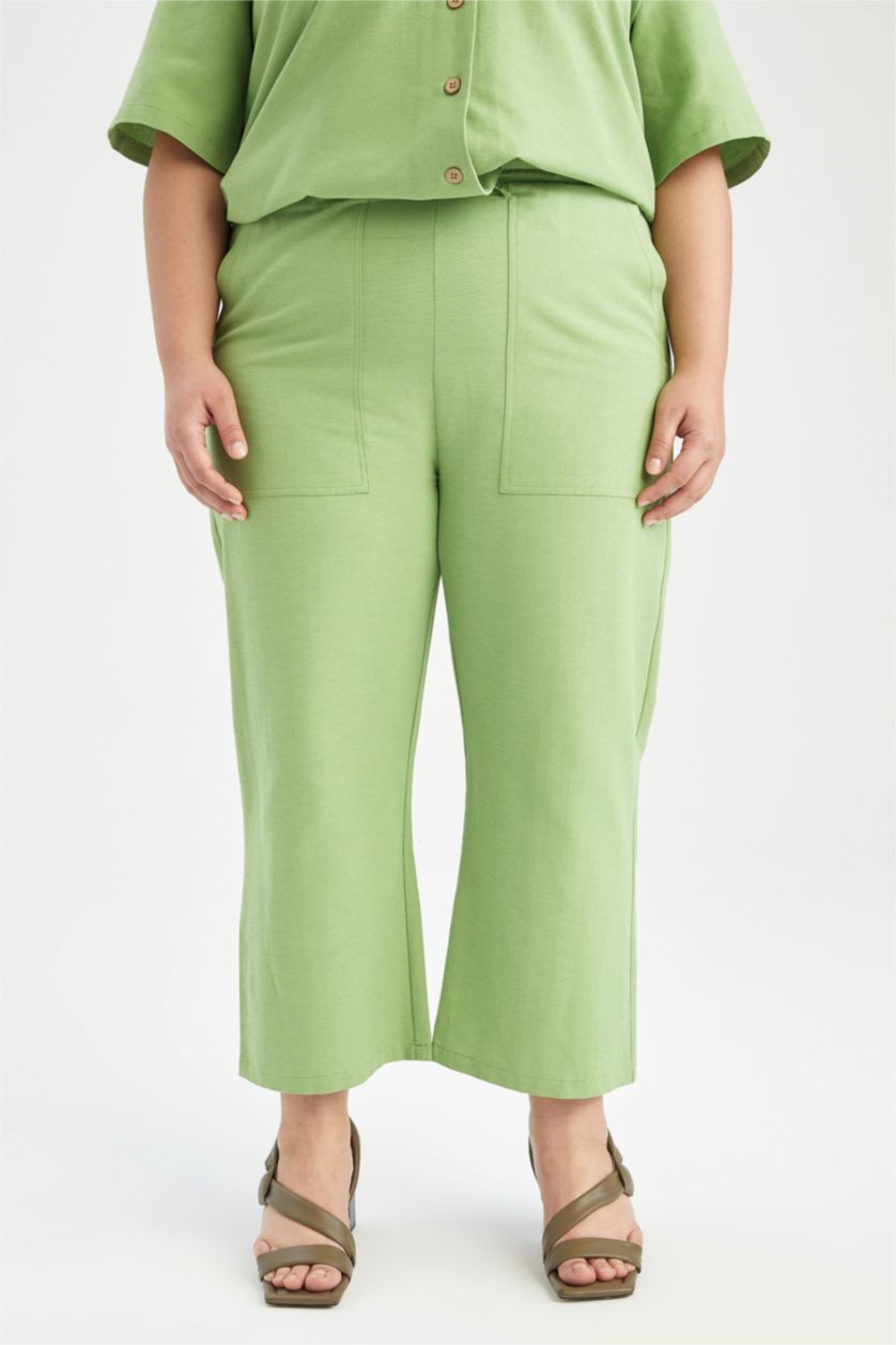 FEMME Vert Pantalon capri avec poches à taille élastique aspect lin grande taille coupe régulière