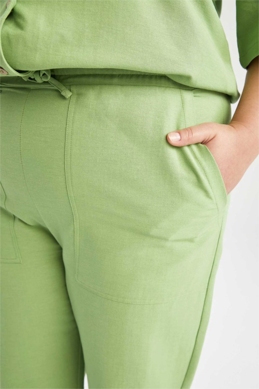 FEMME Vert Pantalon capri avec poches à taille élastique aspect lin grande taille coupe régulière