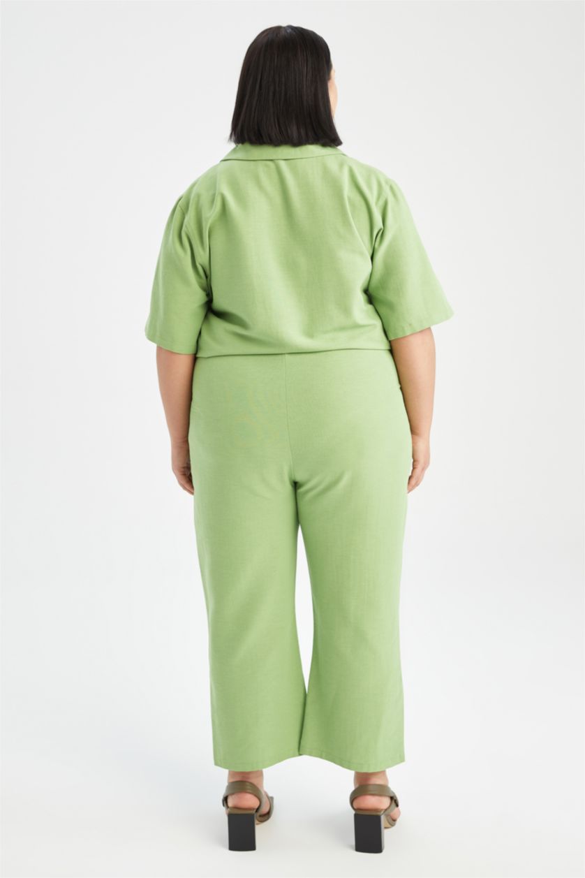 FEMME Vert Pantalon capri avec poches à taille élastique aspect lin grande taille coupe régulière