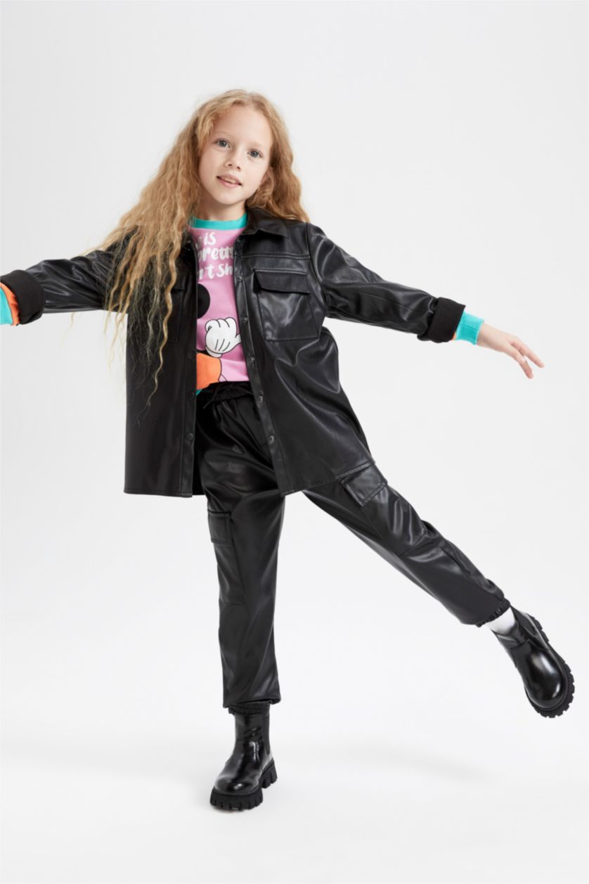 GIRLS & TEENS Black Girl Cargo Fit Faux Leather Trousers