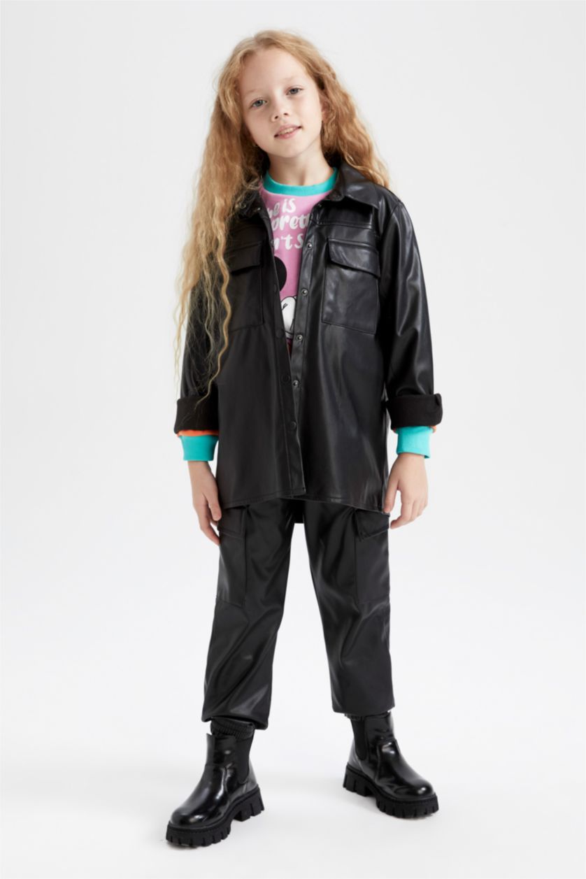 GIRLS & TEENS Black Girl Cargo Fit Faux Leather Trousers