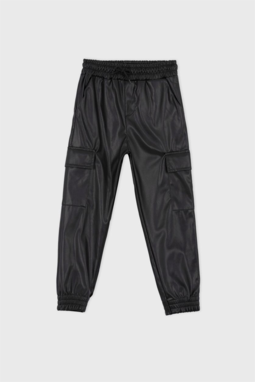 GIRLS & TEENS Black Girl Cargo Fit Faux Leather Trousers