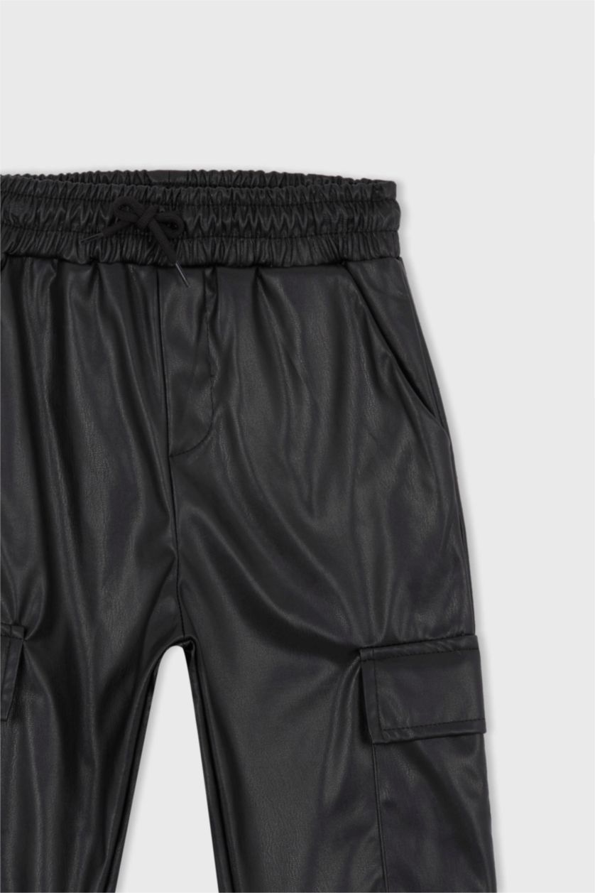 GIRLS & TEENS Black Girl Cargo Fit Faux Leather Trousers