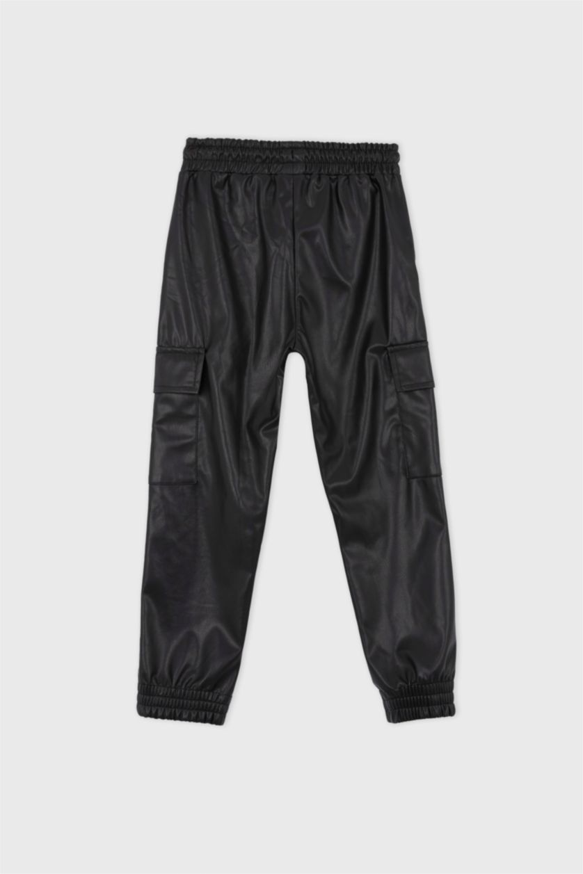 GIRLS & TEENS Black Girl Cargo Fit Faux Leather Trousers