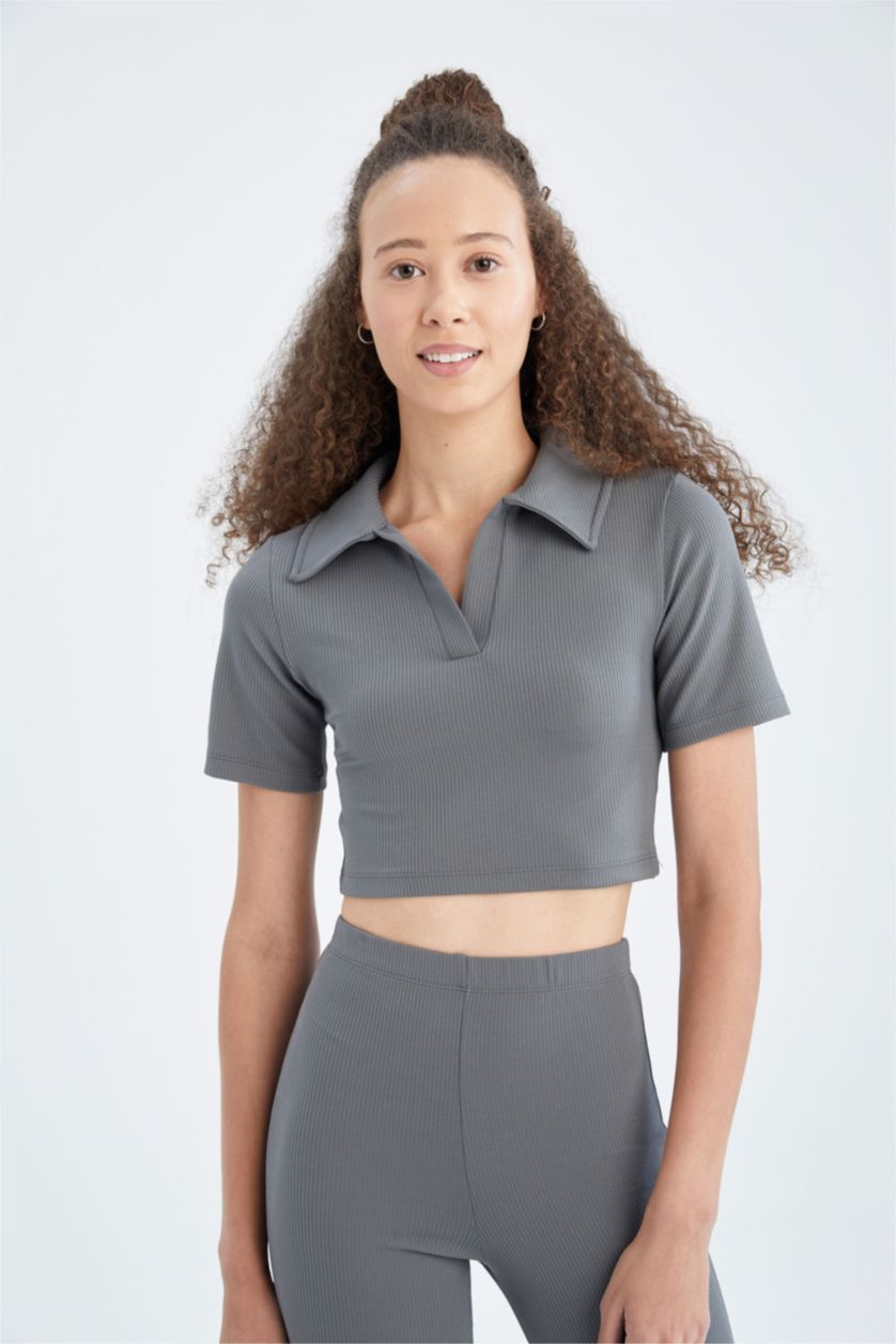 Woman Anthracite Polo Neck Corduroy Crop Top