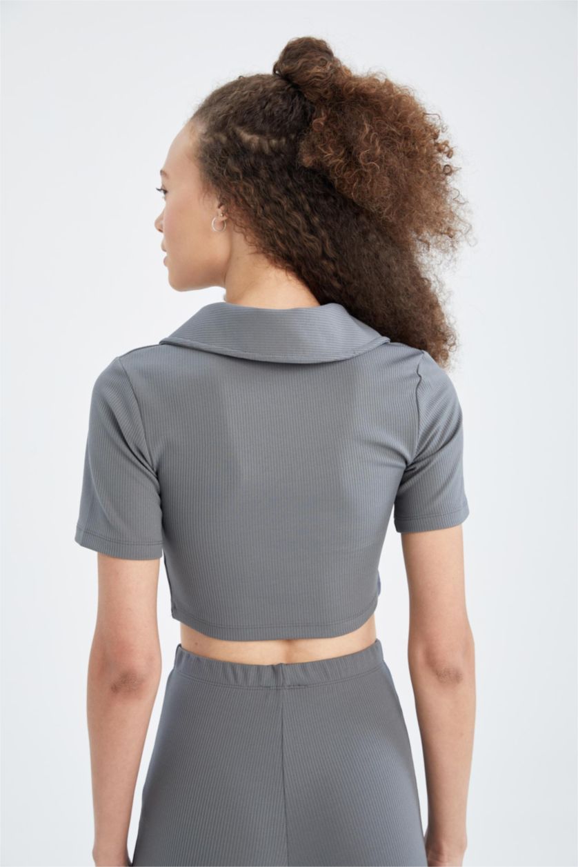 Woman Anthracite Polo Neck Corduroy Crop Top