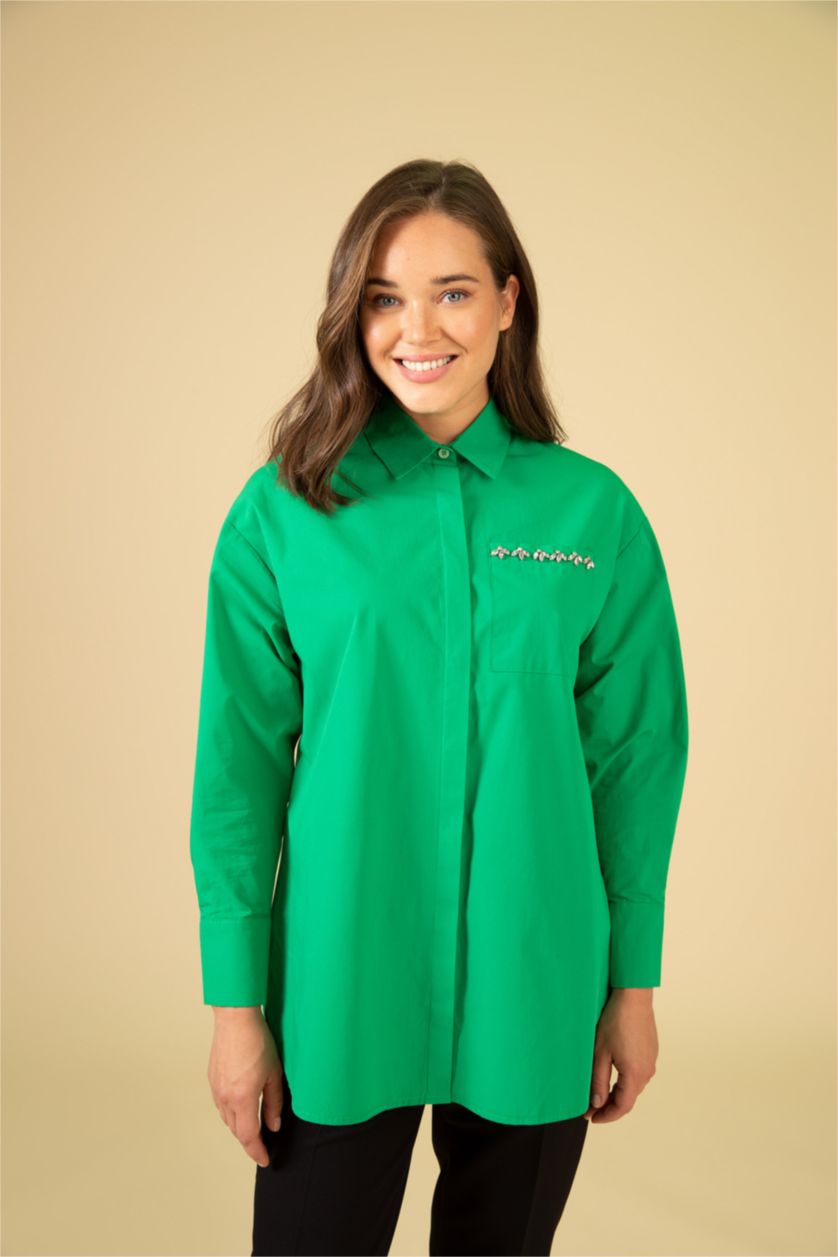 FEMME Vert Tunique À Manches Longues Popeline Coupe décontractée Col De Chemise