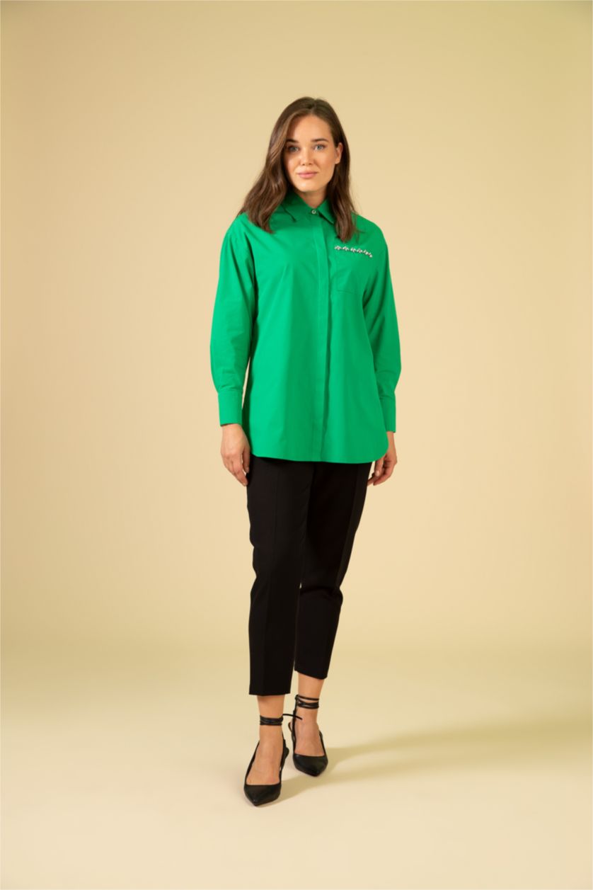 FEMME Vert Tunique À Manches Longues Popeline Coupe décontractée Col De Chemise