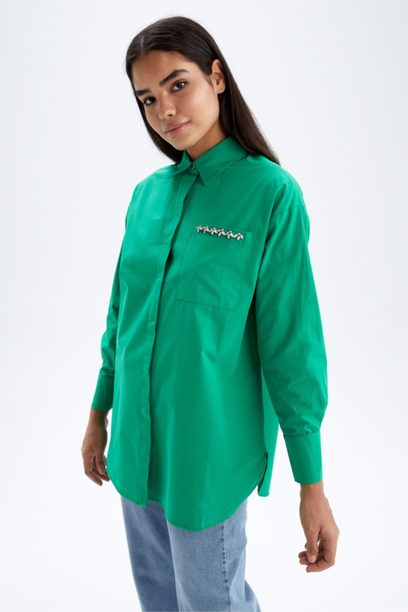 FEMME Vert Tunique À Manches Longues Popeline Coupe décontractée Col De Chemise