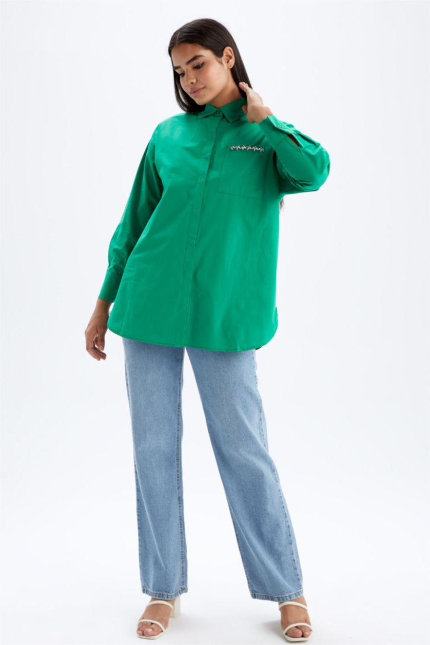 FEMME Vert Tunique À Manches Longues Popeline Coupe décontractée Col De Chemise