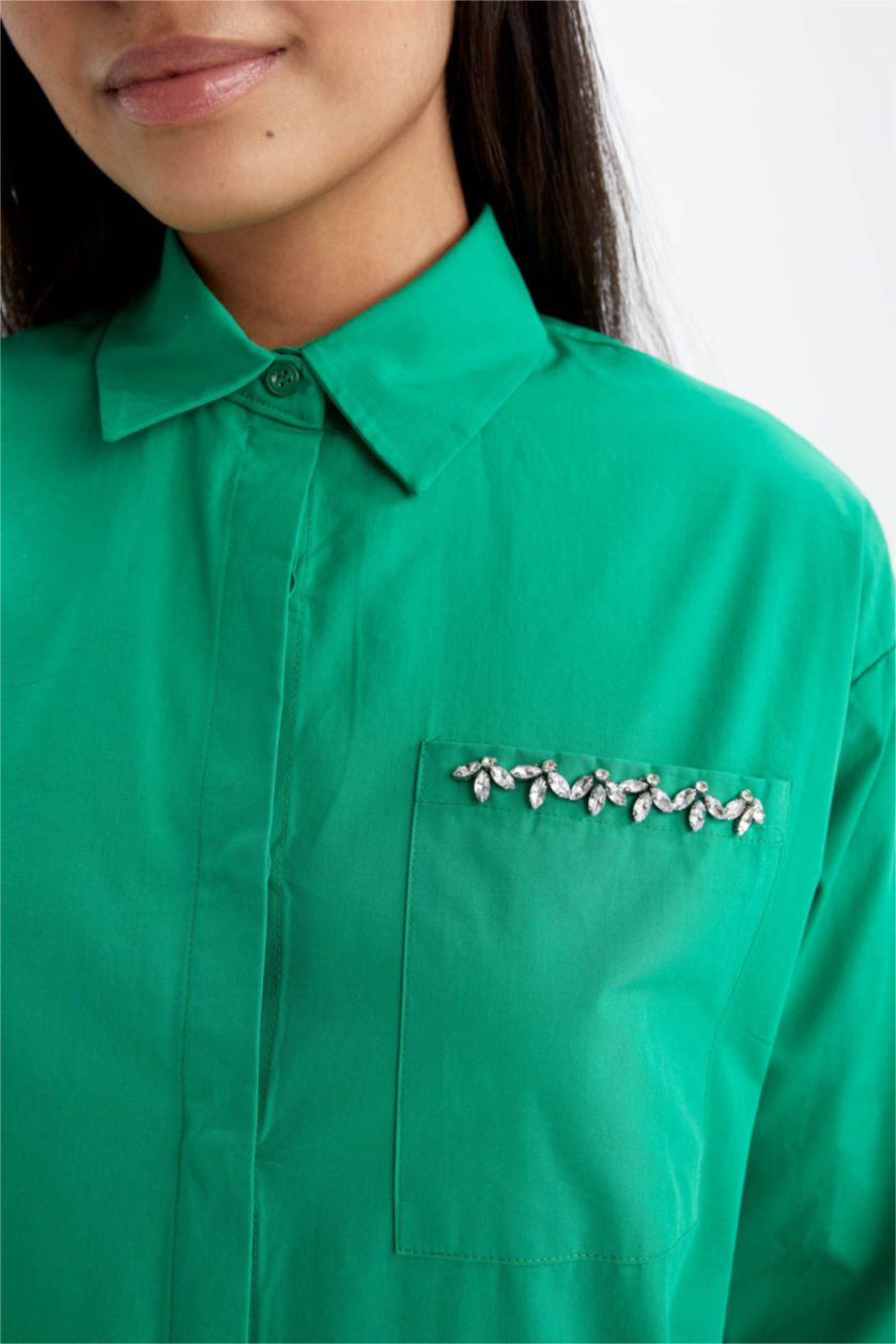 FEMME Vert Tunique À Manches Longues Popeline Coupe décontractée Col De Chemise