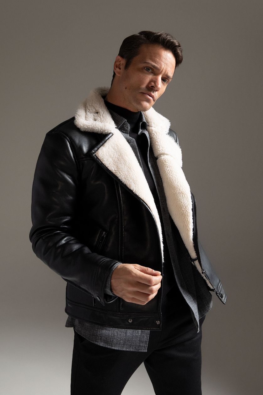 رجال أسود جاكيت جلد صناعي سليم فيت بياقة مستديرة مبطن بفرو إصطناعي