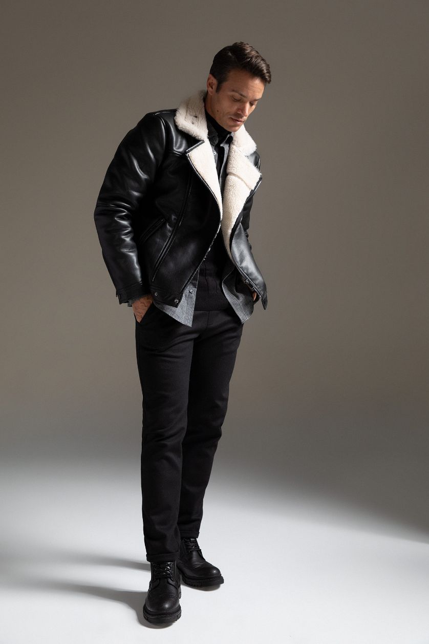 رجال أسود جاكيت جلد صناعي سليم فيت بياقة مستديرة مبطن بفرو إصطناعي