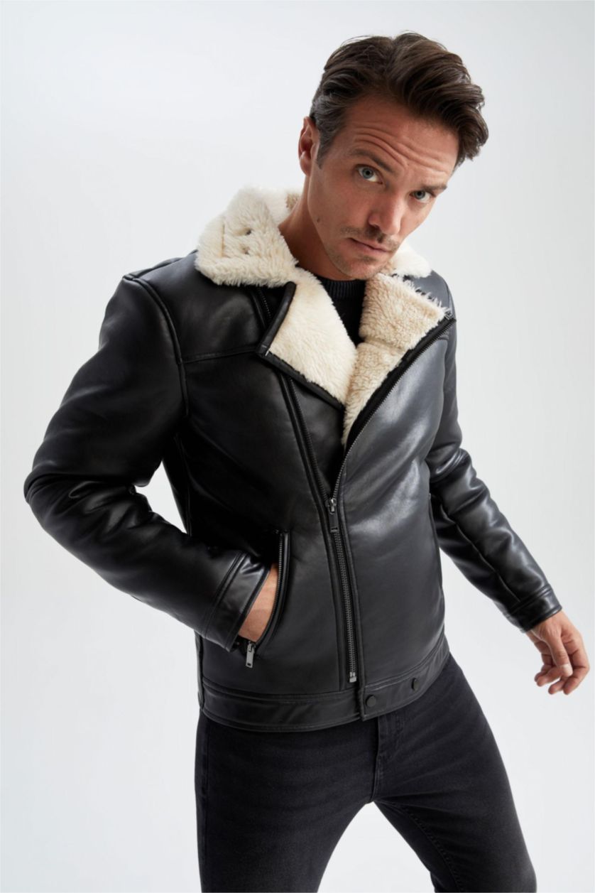 رجال أسود جاكيت جلد صناعي سليم فيت بياقة مستديرة مبطن بفرو إصطناعي