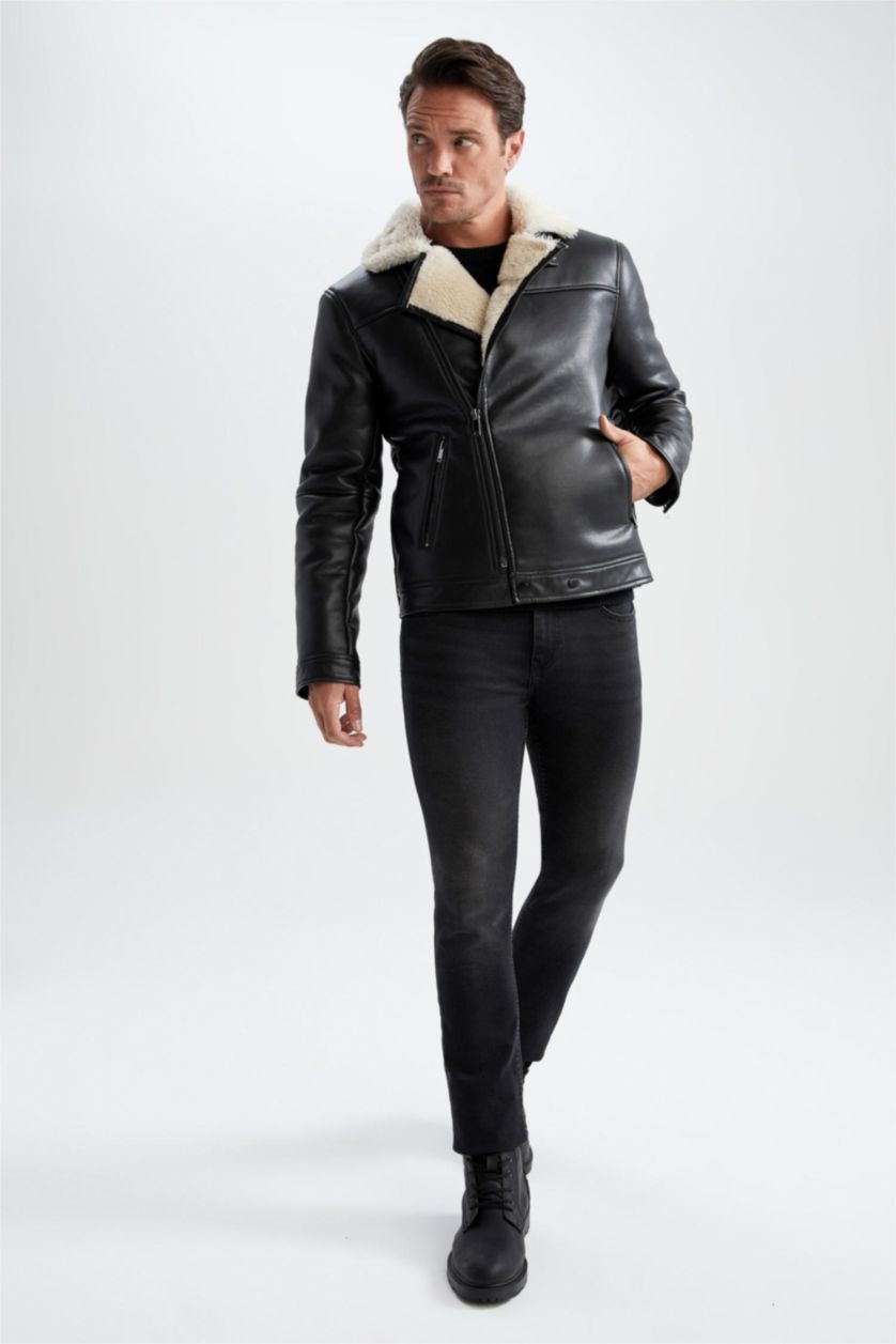 رجال أسود جاكيت جلد صناعي سليم فيت بياقة مستديرة مبطن بفرو إصطناعي