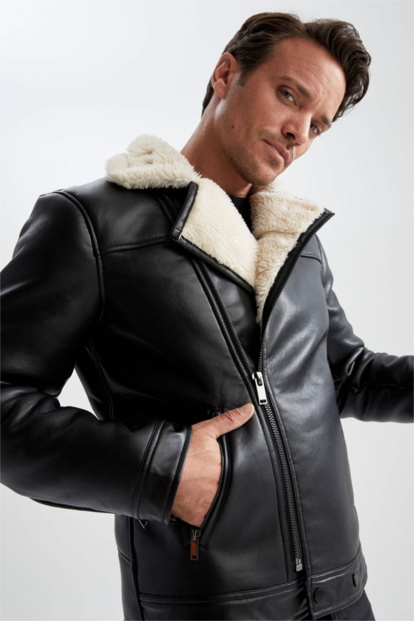 رجال أسود جاكيت جلد صناعي سليم فيت بياقة مستديرة مبطن بفرو إصطناعي