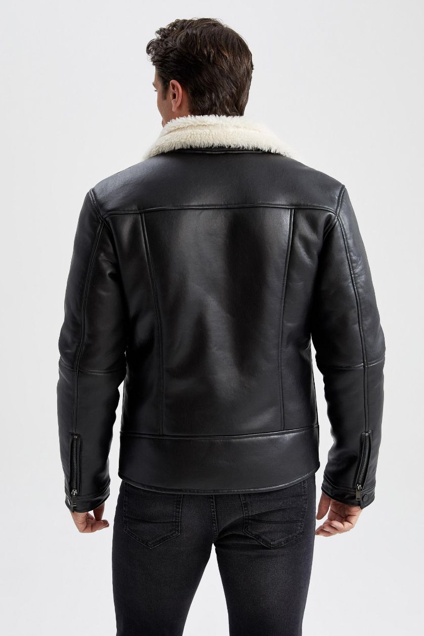 رجال أسود جاكيت جلد صناعي سليم فيت بياقة مستديرة مبطن بفرو إصطناعي