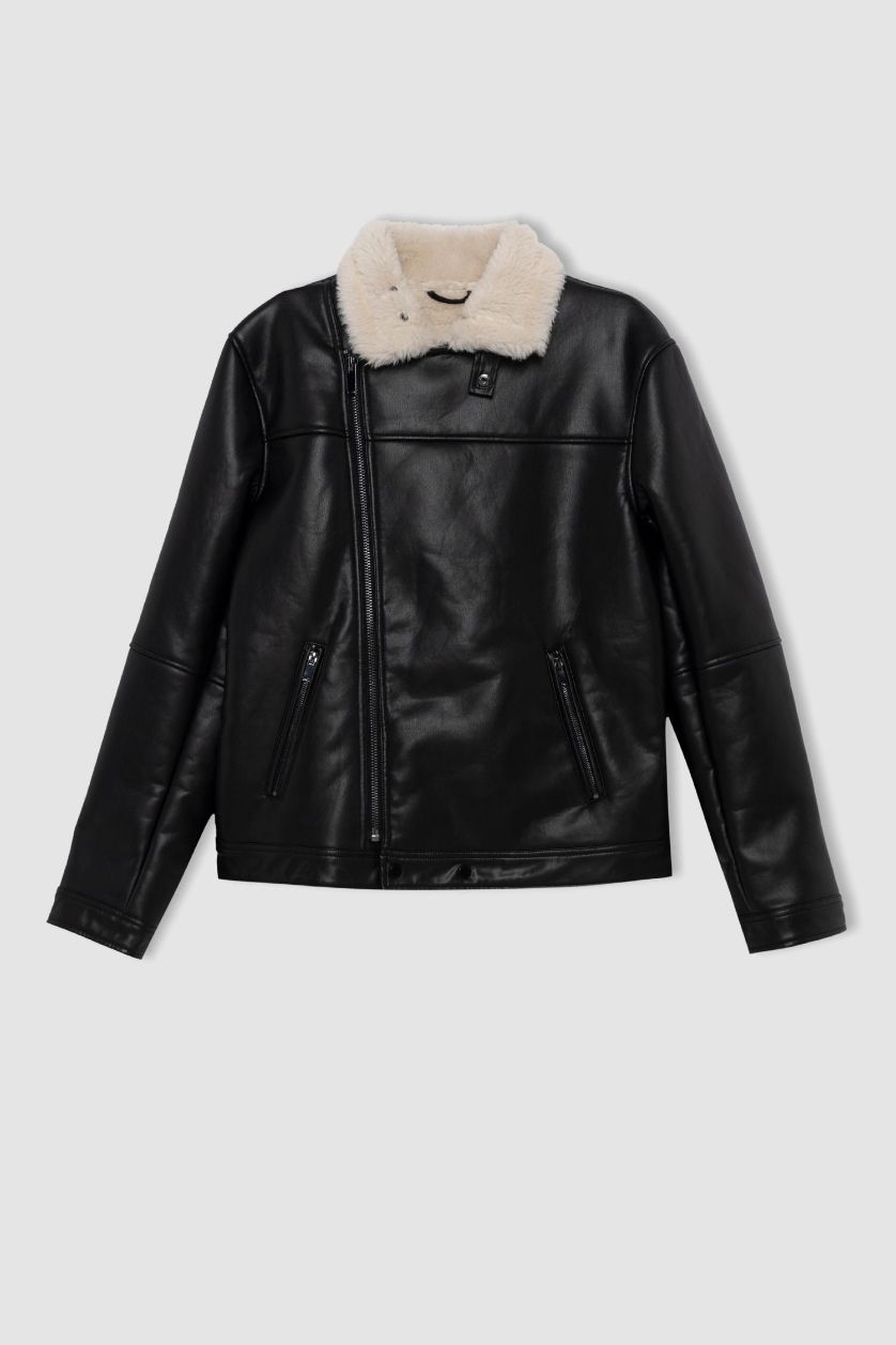 رجال أسود جاكيت جلد صناعي سليم فيت بياقة مستديرة مبطن بفرو إصطناعي