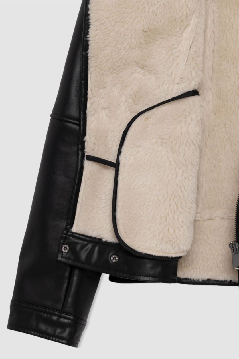 رجال أسود جاكيت جلد صناعي سليم فيت بياقة مستديرة مبطن بفرو إصطناعي