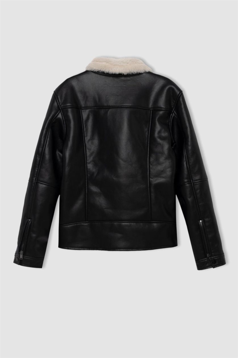 رجال أسود جاكيت جلد صناعي سليم فيت بياقة مستديرة مبطن بفرو إصطناعي