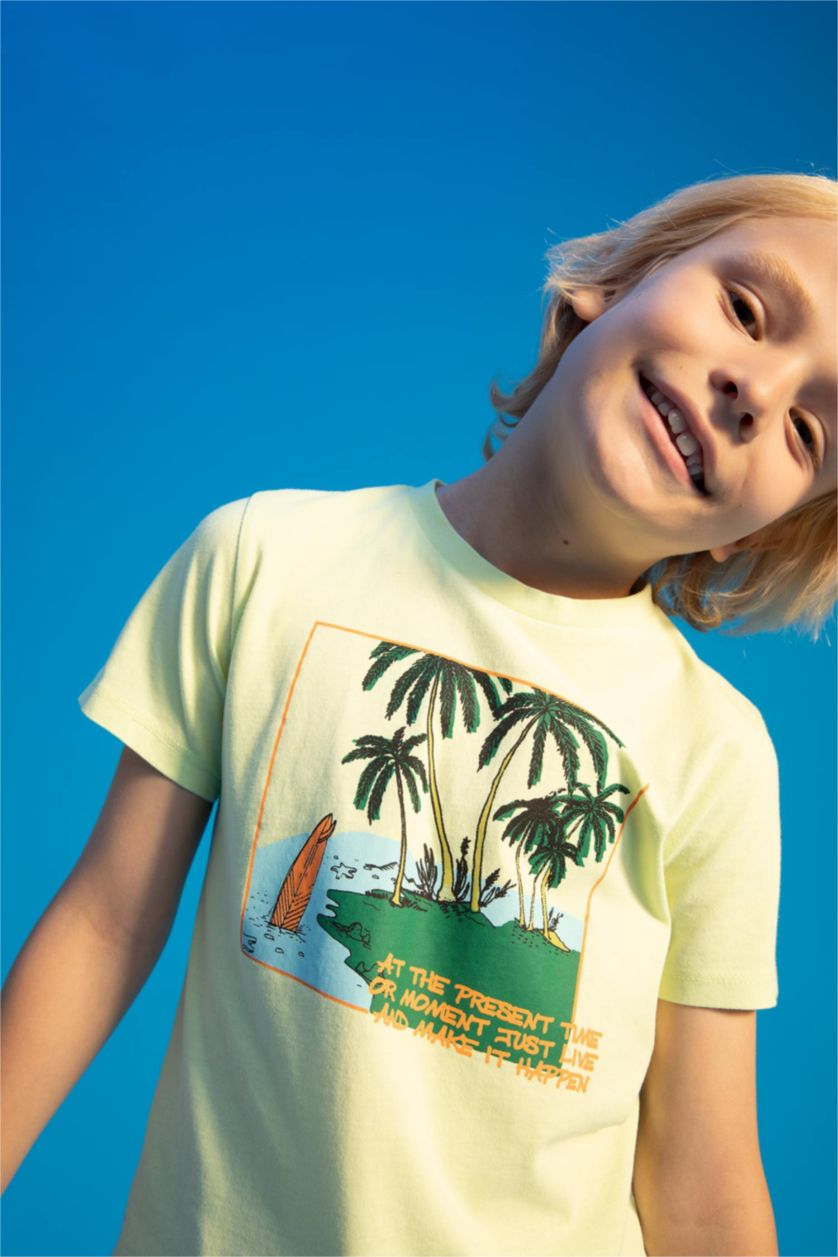 BOYS & TEENS Light Green Boy Regular Fit Crew Neck Short Sleeve Palm Print T-Shirt