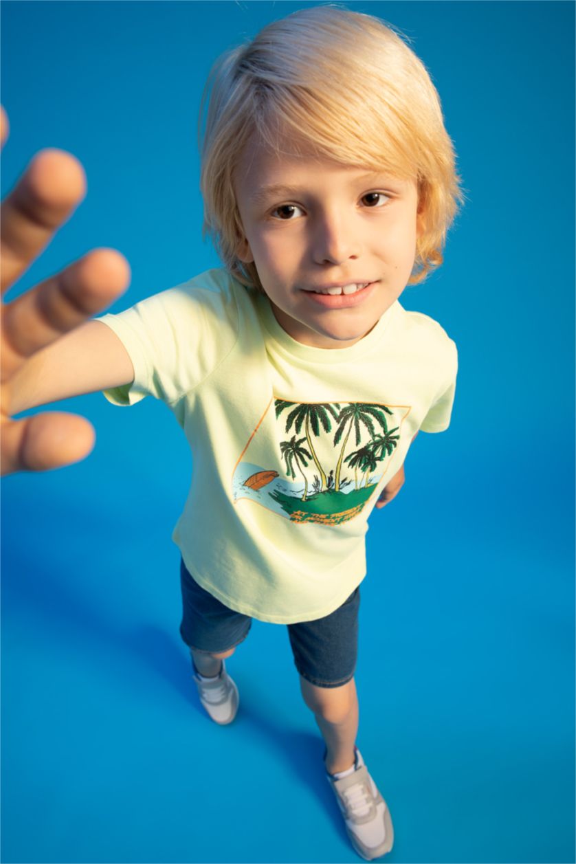 BOYS & TEENS Light Green Boy Regular Fit Crew Neck Short Sleeve Palm Print T-Shirt