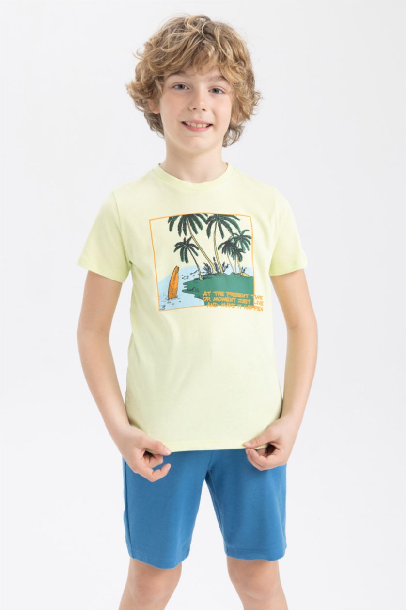 BOYS & TEENS Light Green Boy Regular Fit Crew Neck Short Sleeve Palm Print T-Shirt