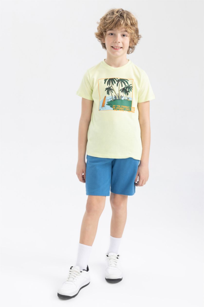 BOYS & TEENS Light Green Boy Regular Fit Crew Neck Short Sleeve Palm Print T-Shirt